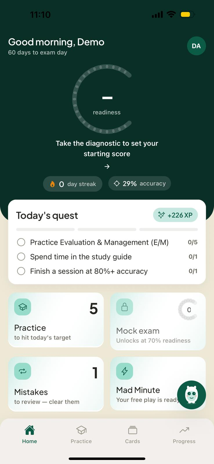 CPC app home screen with readiness ring and today's quest