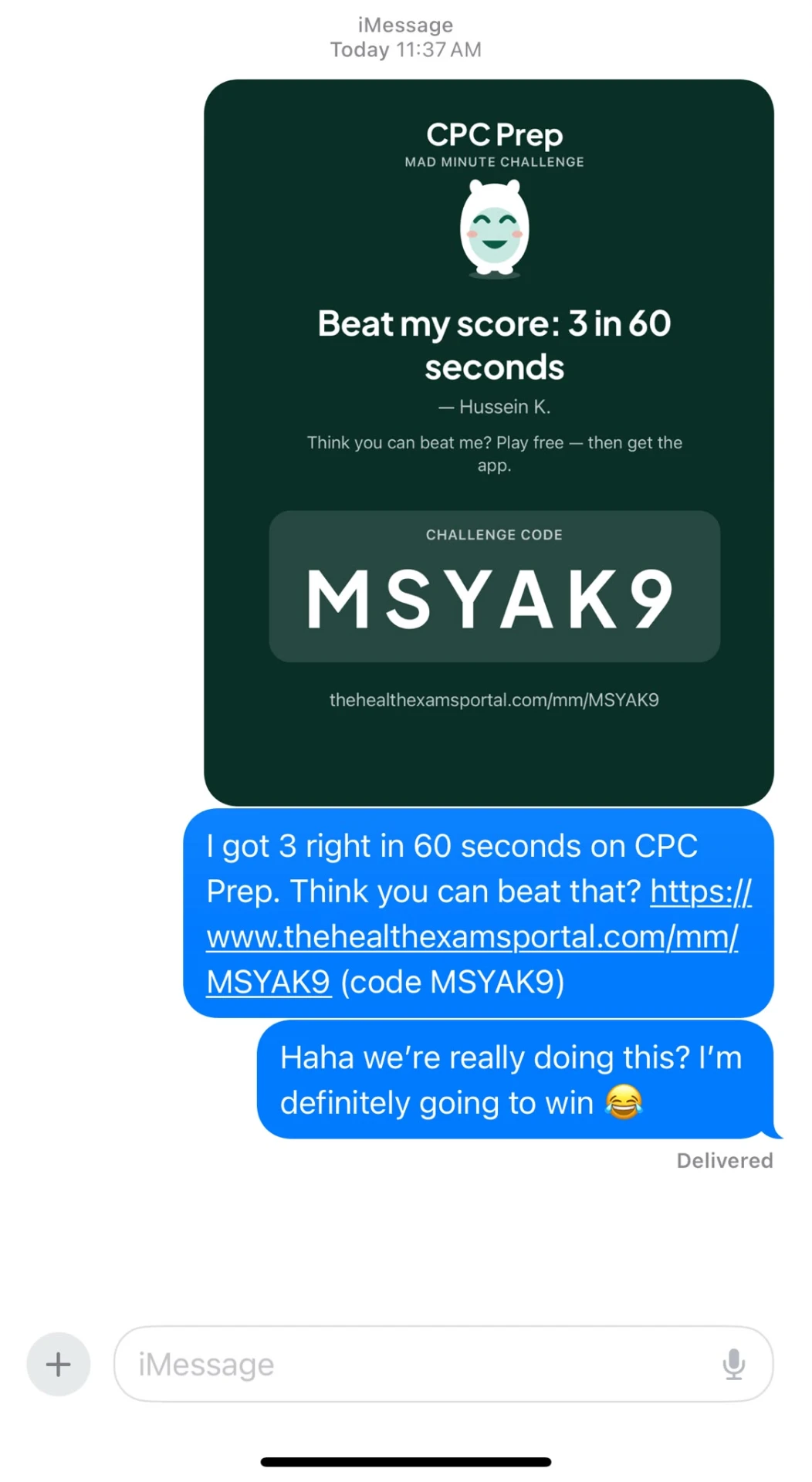 A Mad Minute challenge shared with a friend by text message