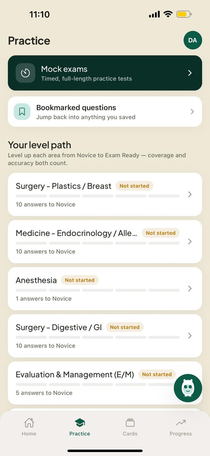 Practice by topic — the CPC level path from Novice to Exam Ready