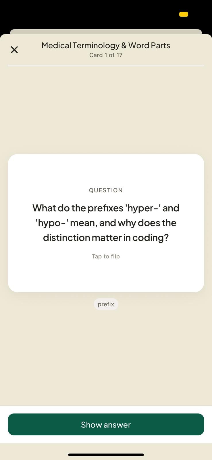 CPC flashcard question on medical terminology and word parts