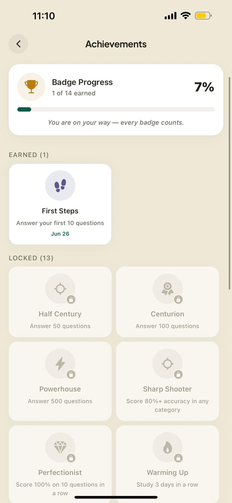 CPC achievements screen with badge progress