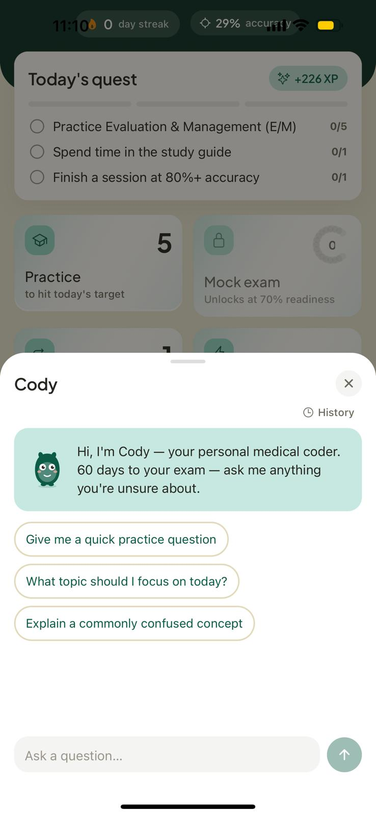 Cody, the personal tutor chat, answering CPC questions