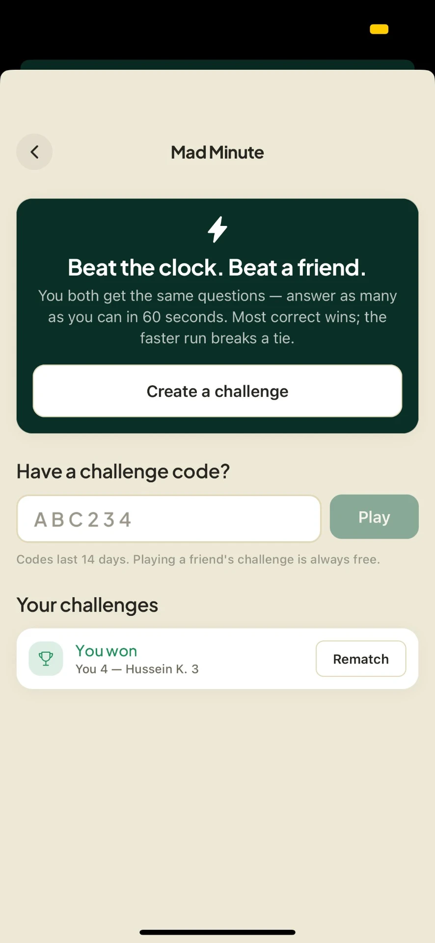 Mad Minute lobby — beat the clock and create a challenge